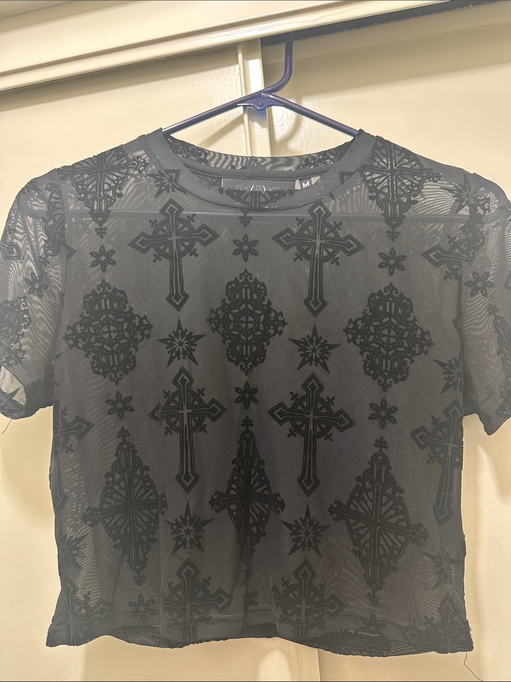 Killstar Black Sheer Cross Pattern Short Sleeve Tee